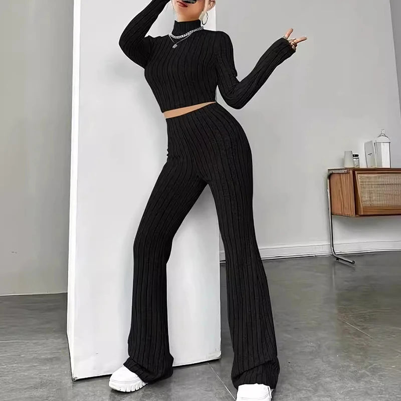Fashion Women's Knitted Two-piece Set Casual Ribed Long-Sleeve Slim Outfit Trouser Set Female Outfit Clothes