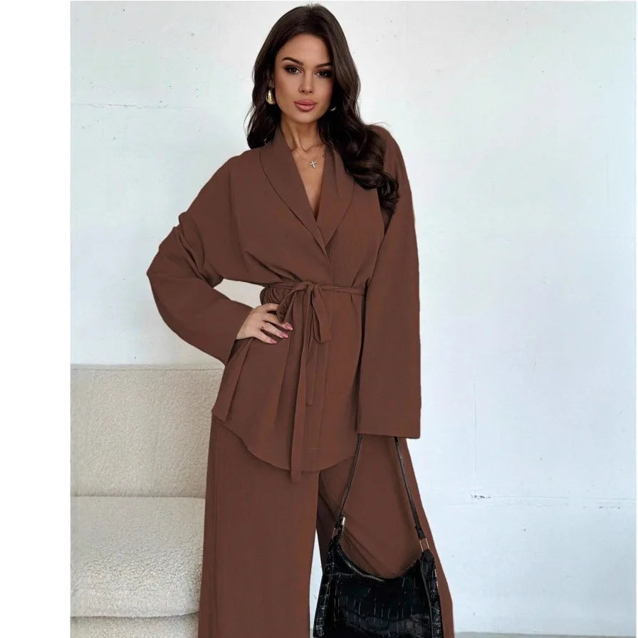 2025 Autumn Winter European American Fashion V-neck Women's Temperament Long-sleeved Elegant Wide-leg Pants Set