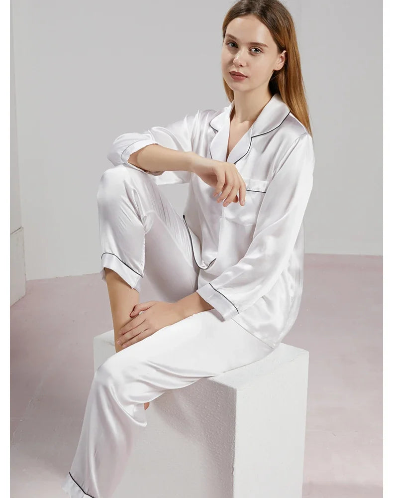 19MM 100% Mulberry Silk Pajamas Women   TrousersTwo-piece Loose   Home Clothes Spring Summer Silk Sleepwear Lady