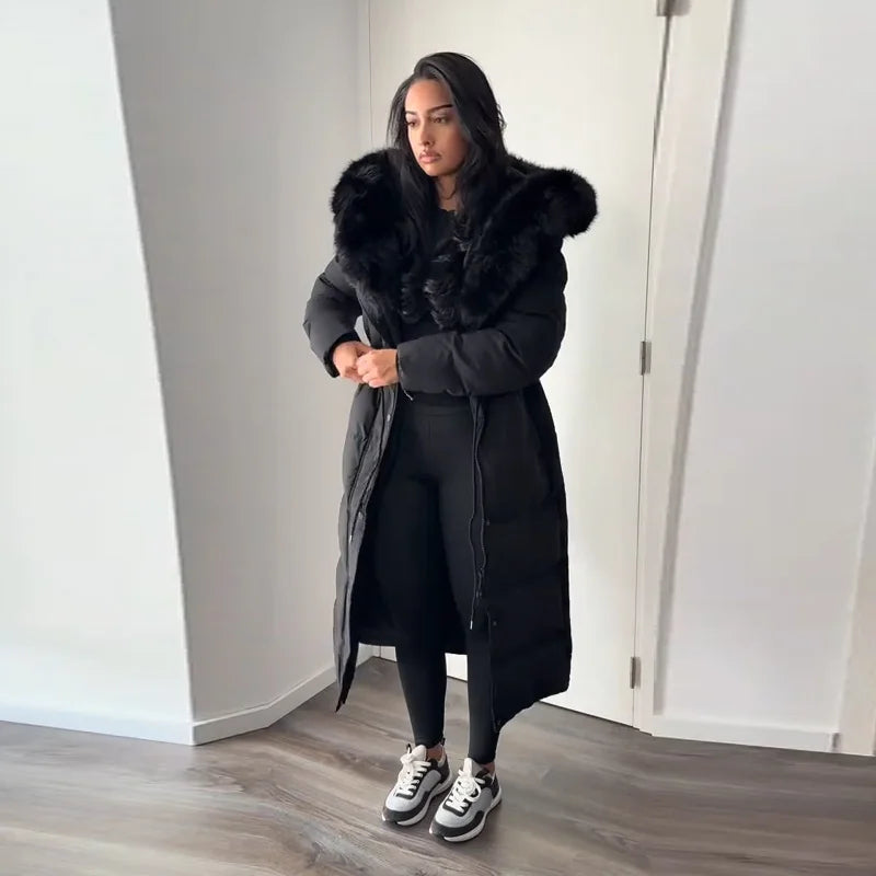 Casual Lace-up Long Padded Jackets Women's Loose Full Sleeves Stand Collar Pocket Maxi Coat 2025 New Winter Ladies Solid Outwear