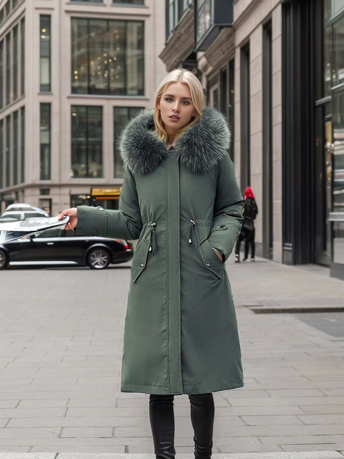 Lady's Winter Parka Coat Solid Color Detachable Faux Fur Trim Slim Fit Female's Padded Coat Thermal Longline Coat For Women