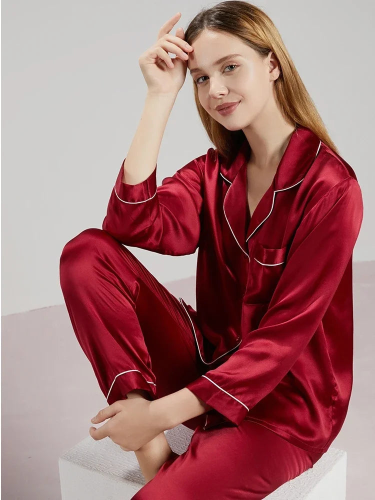 19MM 100% Mulberry Silk Pajamas Women   TrousersTwo-piece Loose   Home Clothes Spring Summer Silk Sleepwear Lady