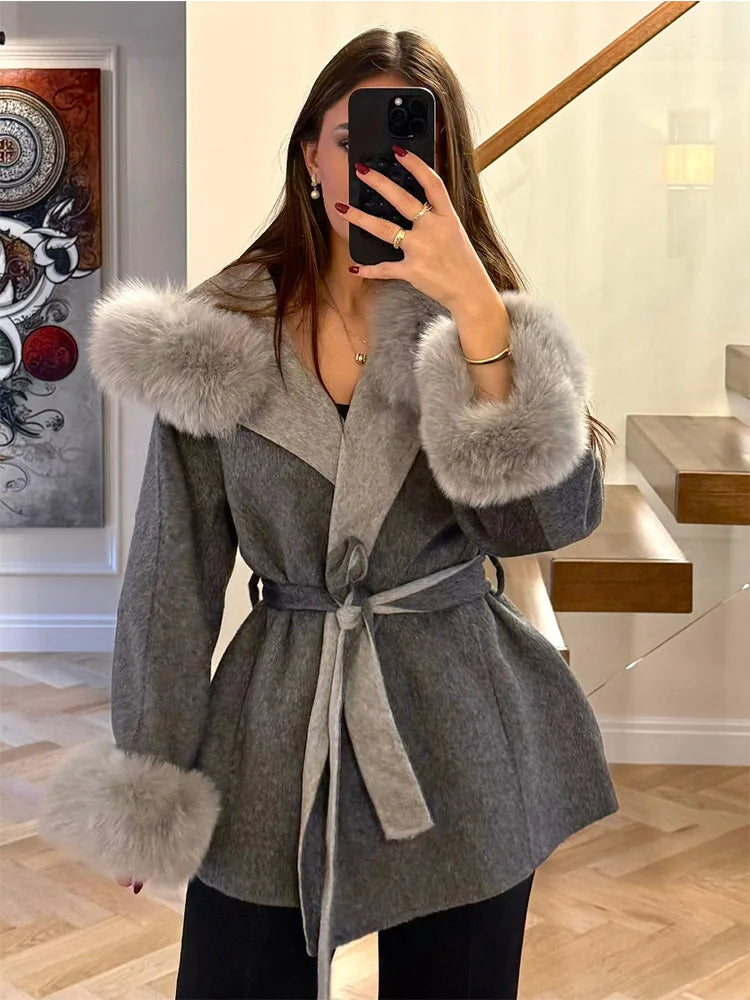 Elegant Women's Faux Fur Hoody Coat Furry Patchwork Lace Up Full Sleeve Female Jacket 2025 Autumn Winter New Lady Warm Outerwear