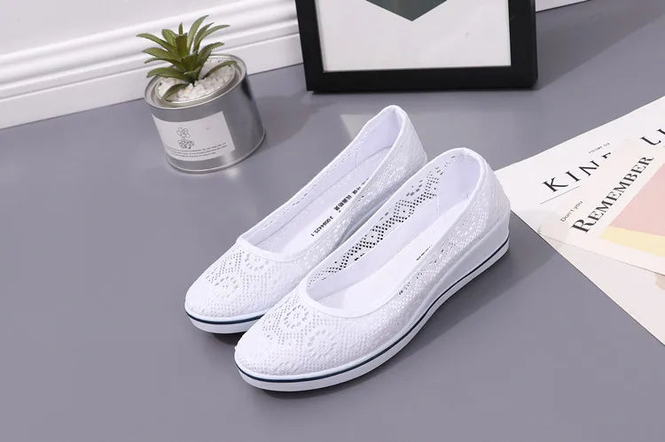 White Lace Hollow Breathable Little White Shoes Flat Mid Wedge Heel Women's Summer Beauty Shoes Size 34-41 White Sneakers Women