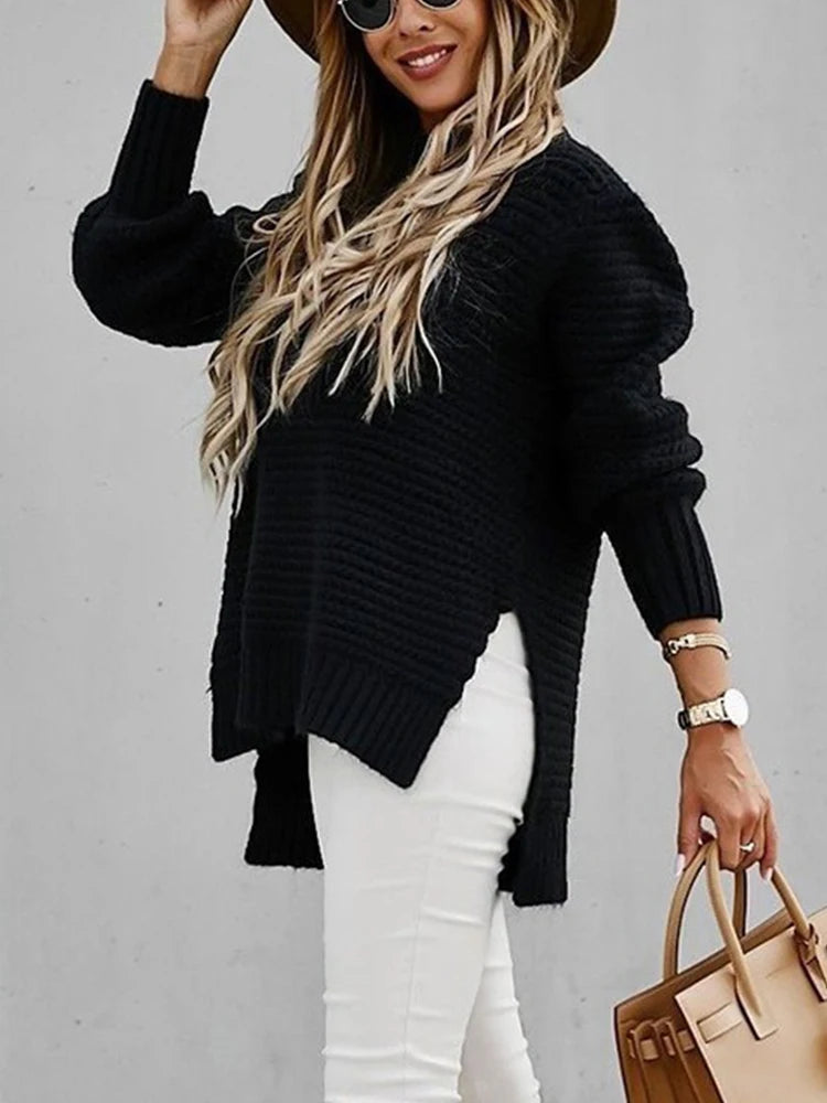 2025 New Loose Split Knitted Long Sleeve Thick Sweater Half High Neck Korean Fashion Pullover Autumn Winter Black Women Clothes
