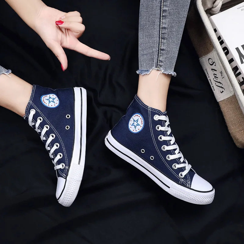 High-Top Canvas Women's Shoes Soft Bottom Non-slip Board Shoes Simple Fashion Lace-Up Casual Shoes Versatile Ladies Board Shoes