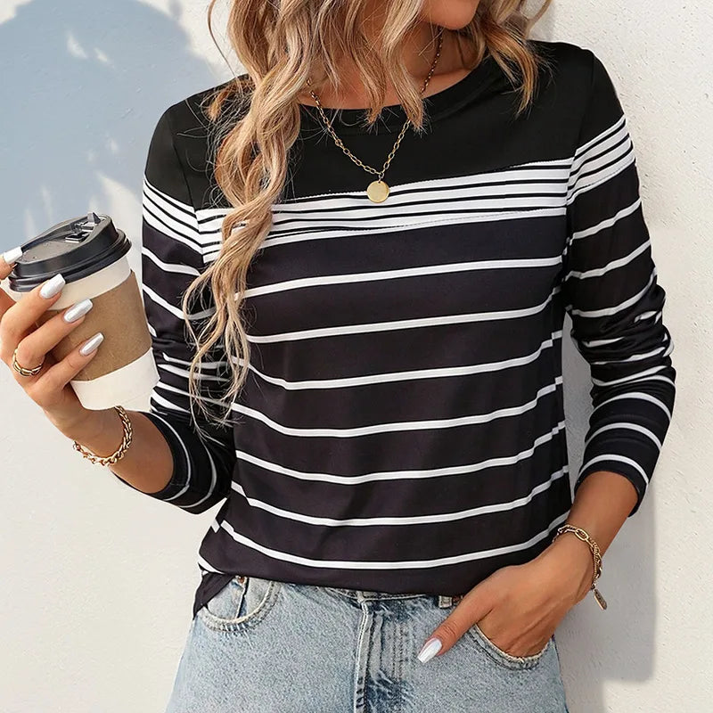 2025 new European and American autumn women's casual striped long sleeved t-shirt for women