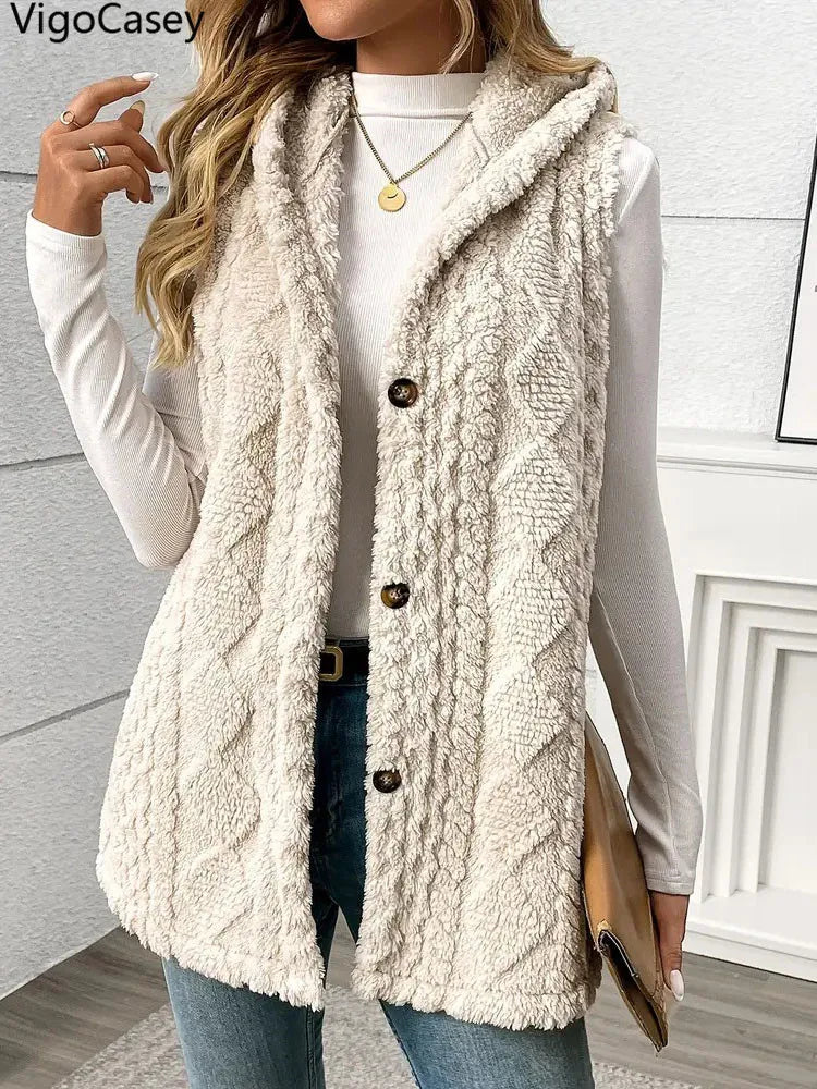 VigoCasey 2025 Casual Sleeveless Thick Vest Coat Woman Solid Hooded Warm Plush Waistcoat Lady Autumn Winter Apricot Vest Jacket