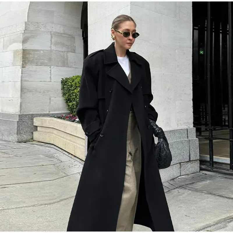 Belts Double Breasted Women's OverCoat Elegant Laple Pocket Full Sleeve Female Coat 2025 Autumn Winter Fashion New Lady Outwears