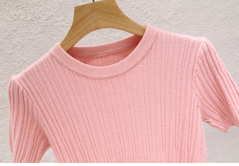 2025 Summer T shirts for Women Casual Female Korean Knit Streetwear Tees Basic Solid Young Cool Tops