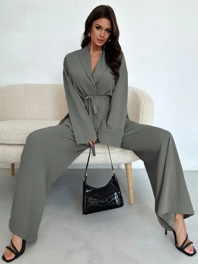 2025 Autumn Winter European American Fashion V-neck Women's Temperament Long-sleeved Elegant Wide-leg Pants Set