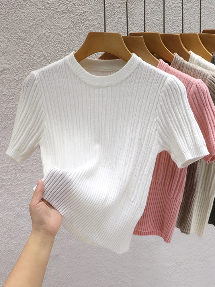 2025 Summer T shirts for Women Casual Female Korean Knit Streetwear Tees Basic Solid Young Cool Tops