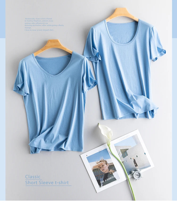 Summer Short Sleeve T-Shirt Women Tee Shirts Real Silk Linen Cotton T Shirt Women's Casual Tees V-neck Woman Tshirt Solid Tops