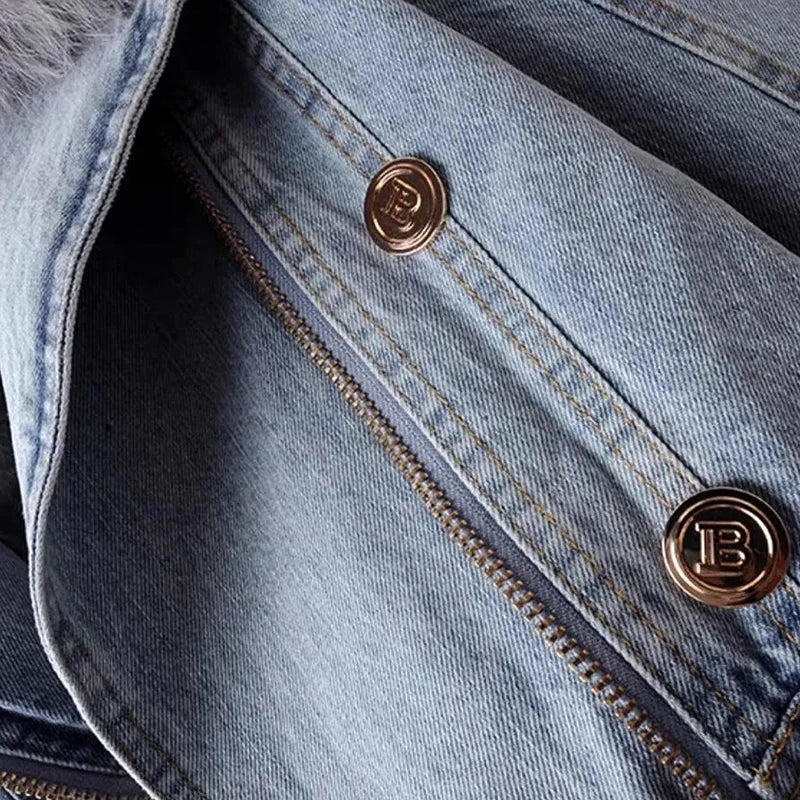 New Winter Denim Jacket Women Fashion Overcoat Faux Fox Fur Collar Jean Coat Female Short Warm Parkas Rabbit Hair Lining Outwear