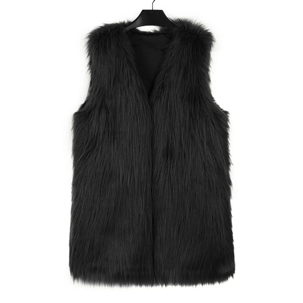 VigoCasey 2025 White Sleeveless Thick Faux Fur Vest Coat Woman V Neck Plush Warm Waistcoat Lady Autumn Winter Fluffy Vest Jacket