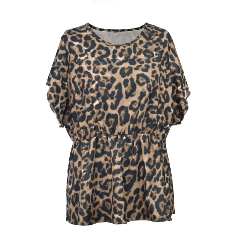 Plus Size Women's Shirt, Leopard Print Round Neck Waist Short-Sleeved Shirt, Holiday Casual Top