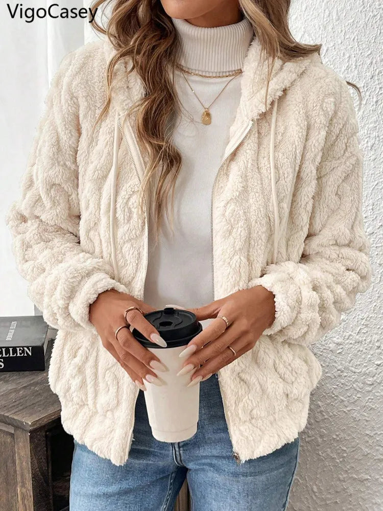 VigoCasey 2025 Women Autumn White Zipper Jacket White Long Sleeve Thick Plush Warm Coat Loose Winter Soft Lady Short Hooded Coat