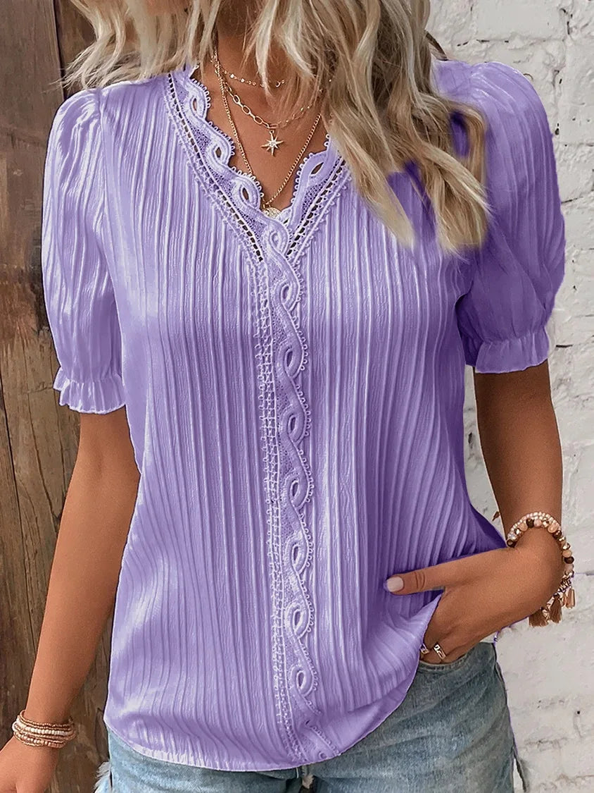 Women's Summer New Top Solid Sexy V-Neck Hollow Short Sleeve Shirt Fashion Splice Plus Size Blouse Loose Street Apparel