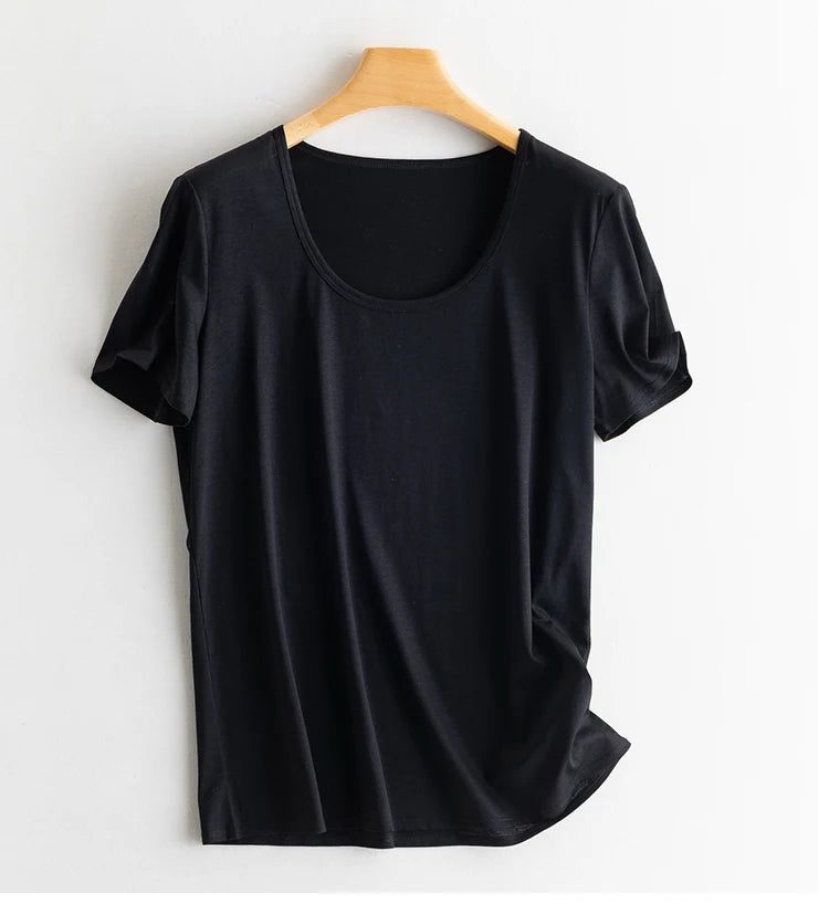 Summer Short Sleeve T-Shirt Women Tee Shirts Real Silk Linen Cotton T Shirt Women's Casual Tees V-neck Woman Tshirt Solid Tops