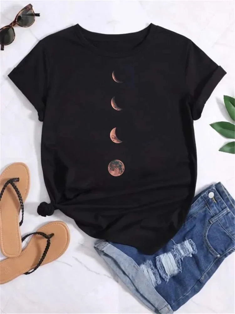 Women Moon Planet Print Fashion Tee Shirts Casual Round Neck Short Sleeve Streetwear Female T-Shirt Vintage Tops