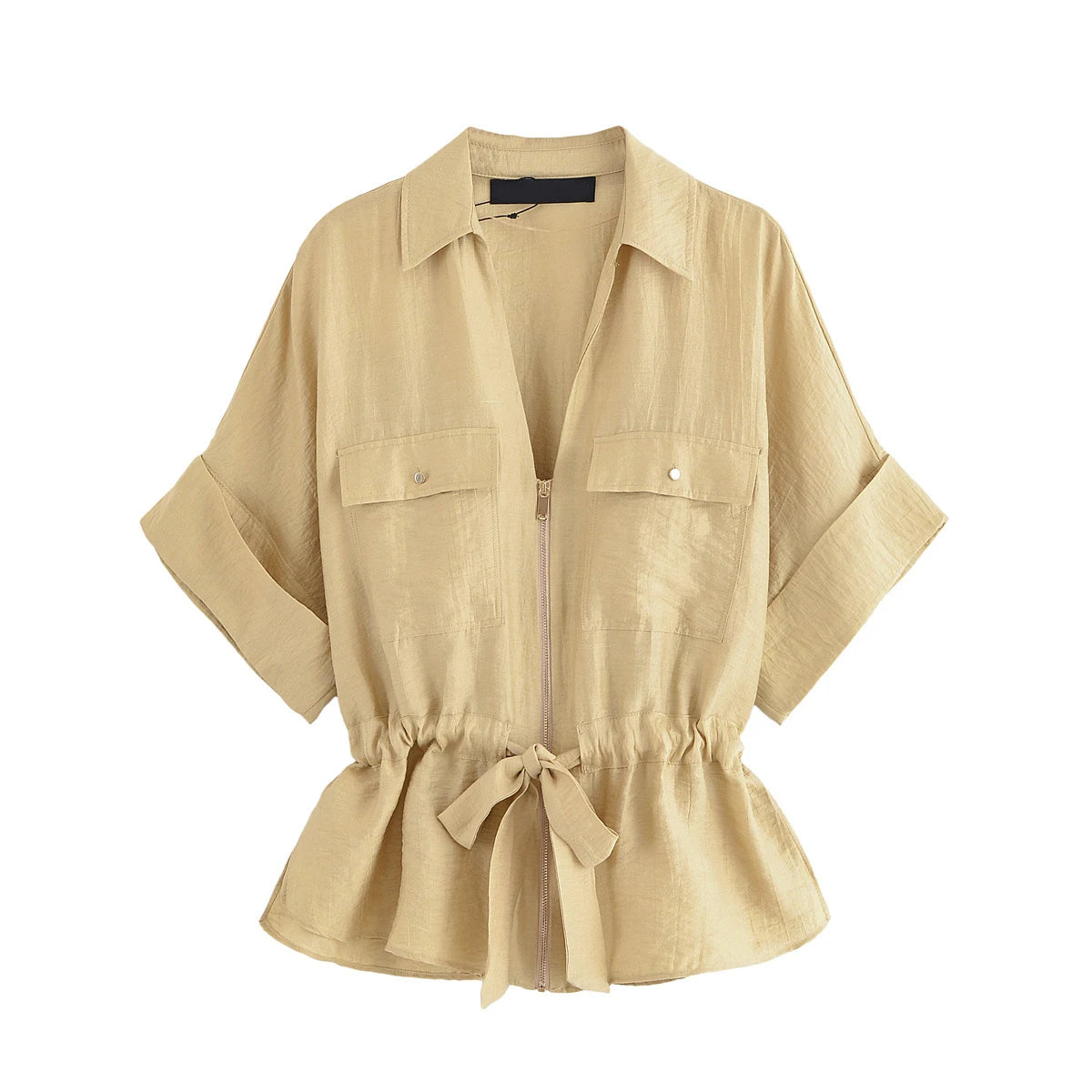 Women Adjustable Drawstring Waist Safari Shirt Short Sleeve Lapel Collar With   Pockets Loose Blouse Streetwear Lady Shirts