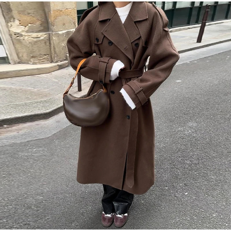 Belts Double Breasted Women's OverCoat Elegant Laple Pocket Full Sleeve Female Coat 2025 Autumn Winter Fashion New Lady Outwears