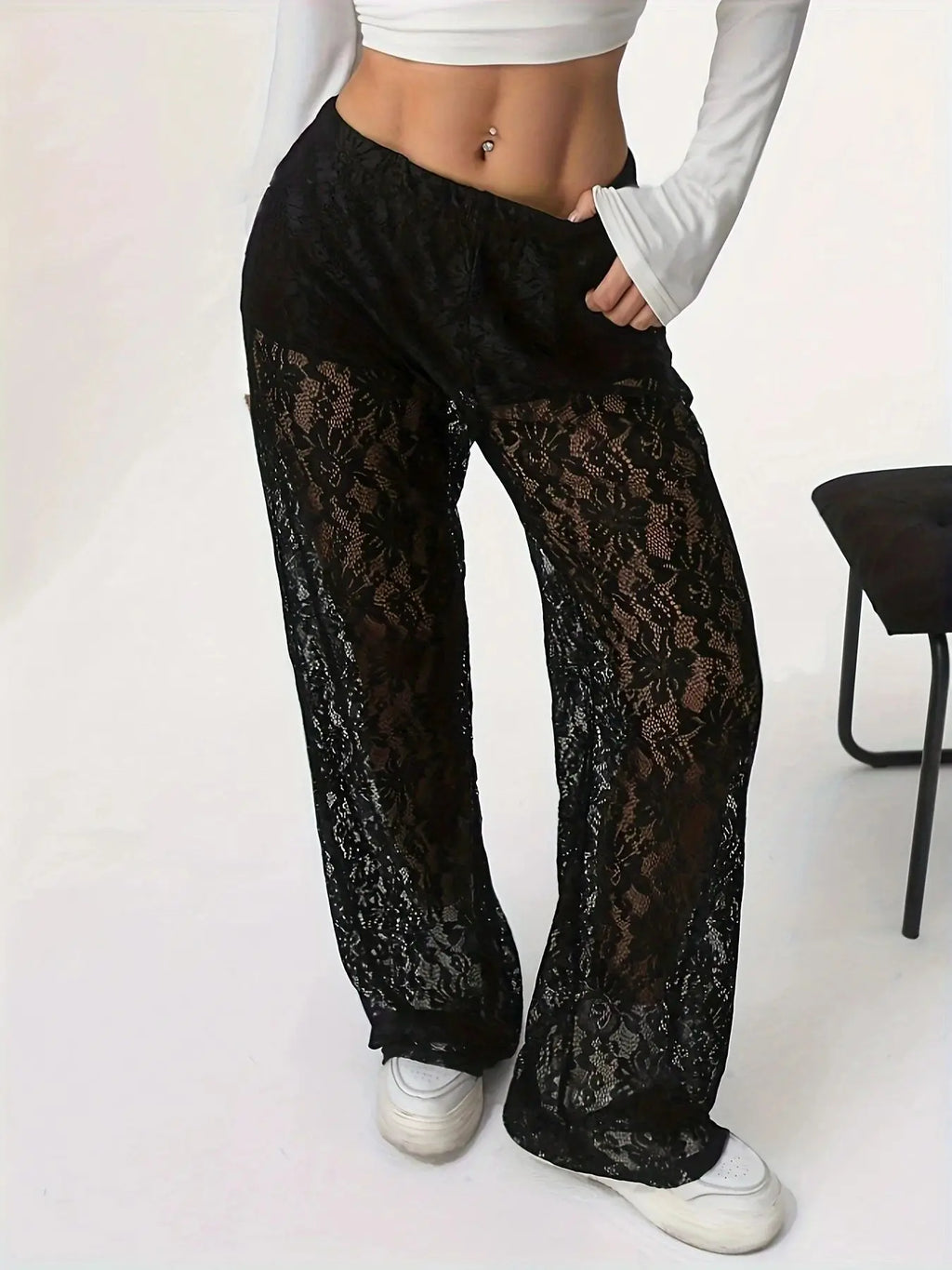 2025 Spring/Summer Fashion Personalized Waist Collection Lace Jacquard Micro Transparent Splicing Straight Leg Casual Pants