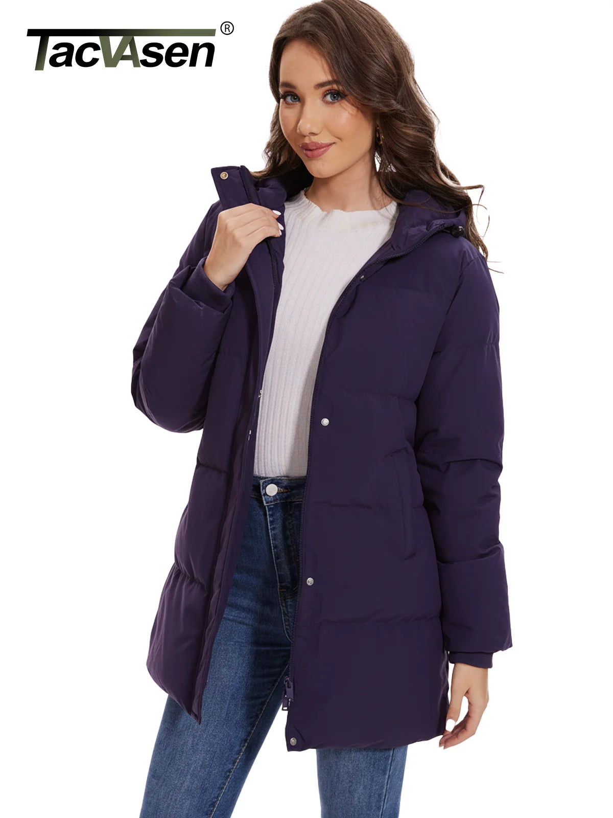 TACVASEN Womens Winter Long Quilted Duck Feather Jackets Padded Puffer Warm Hooded Long Coats Warm Windproof  Thick Outerwear