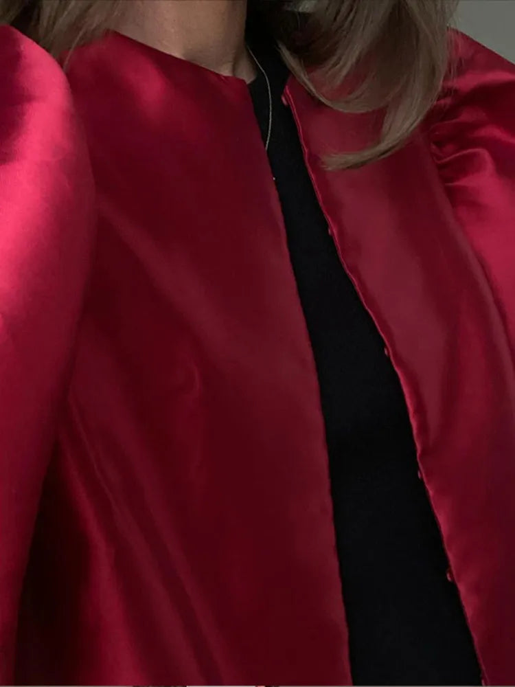 Women's casual satin shirt with puff sleeves, round neck, loose fit and short length, elegant and plain, for spring/summer.