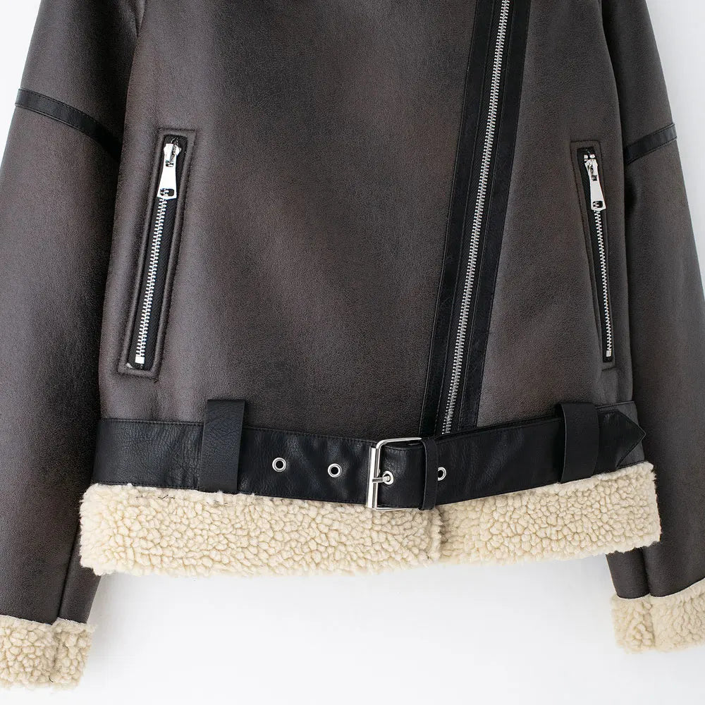 Women's Thick Warm Suede Jacket with Belt, Long Sleeve Coats, Faux Shearing, Female Outerwear, Chic Tops, Winter Fashion