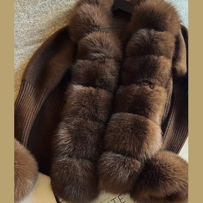 Chic Knitted Faux Fur Patchwork Women's Coat Thicken Warm Lady Coats 2025 Autumn Winter Chic Female Street Outerwears