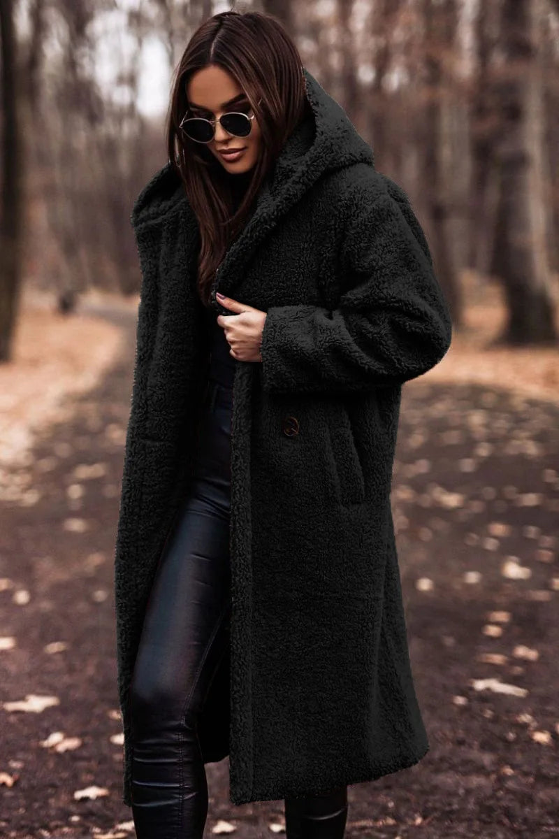 Keep Warm Plush Woolen Coat Women Solid Color Thicken Single Breasted Long Hooded Coats Autumn Winter Female Clothing Streetwear