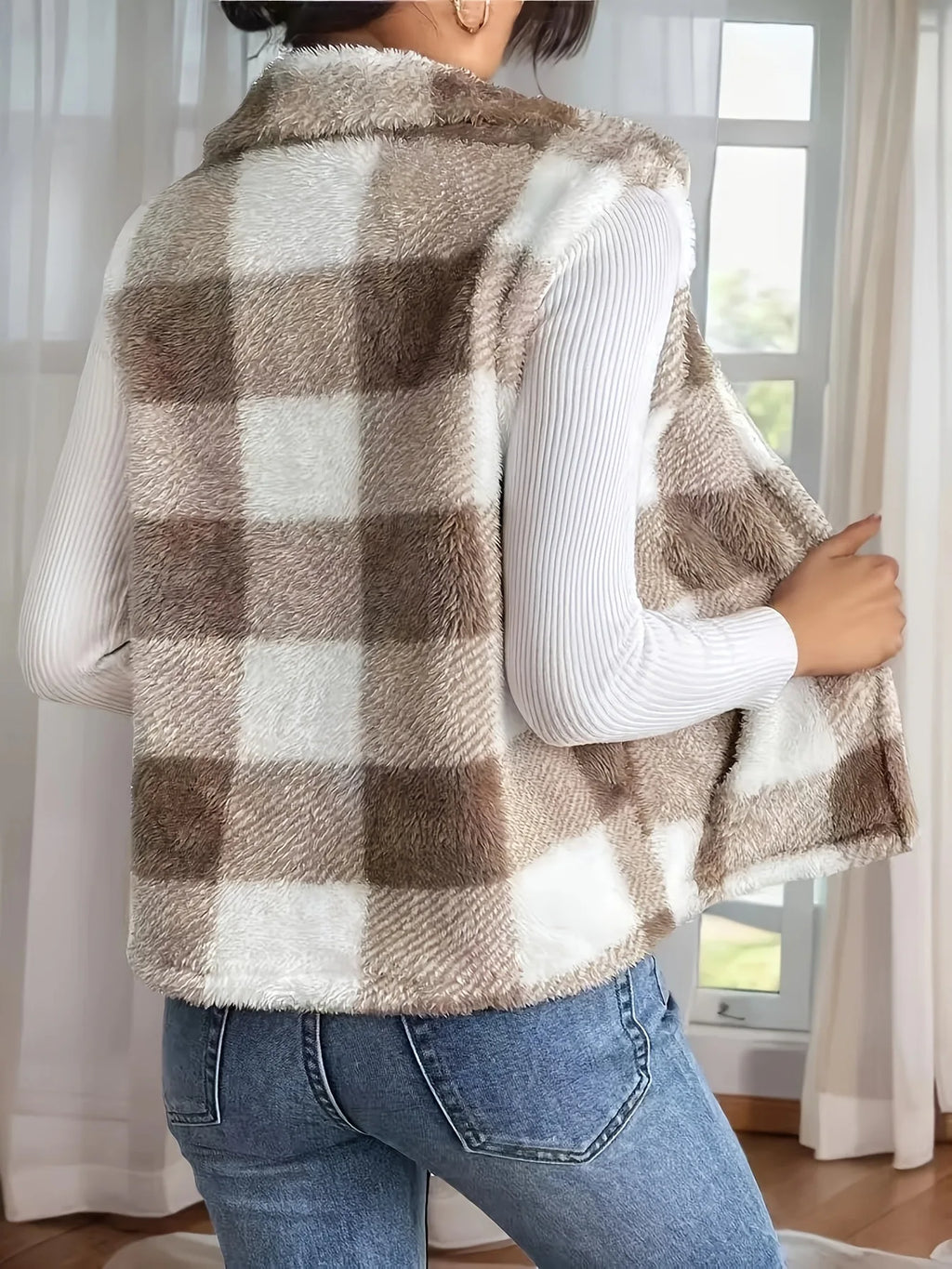 VigoCasey 2025 Plaid Print Sleeveless Vest Coat Woman Zipper Loose Plush Warm Waistcoat Lady Autumn Winter Casual Vest Jacket