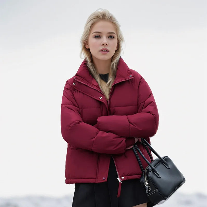 Women's Winter Puffer Coat Stand Collar Zipper Fly Pockets Loose Fit Quilted Coat For Female Thickened Lady's Thermal Coat