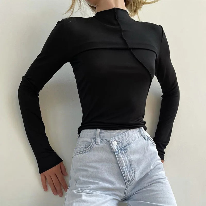 2025 Turtleneck Y2K Long Sleeve T Shirts Women White Autumn Winter Casual Black Basic Gray Sexy Tops 90s Fashion Vintage