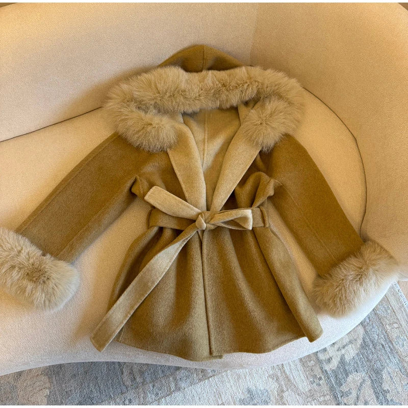 Elegant Women's Faux Fur Hoody Coat Furry Patchwork Lace Up Full Sleeve Female Jacket 2025 Autumn Winter New Lady Warm Outerwear