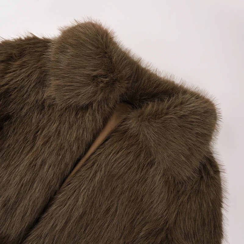 Fashion Vintge Women's Faux Fur Coat Turn-Down Collar Classic Overcoats Basic Fluffy Fox Jackets Lady Elegant Overcoats