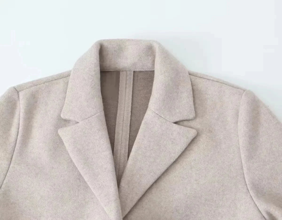 2025 Women Woolen coat Fashion Solid Open Stitch Long Trench Coats Vintage V-Neck Full Sleeves Female Chic Lady Outfits