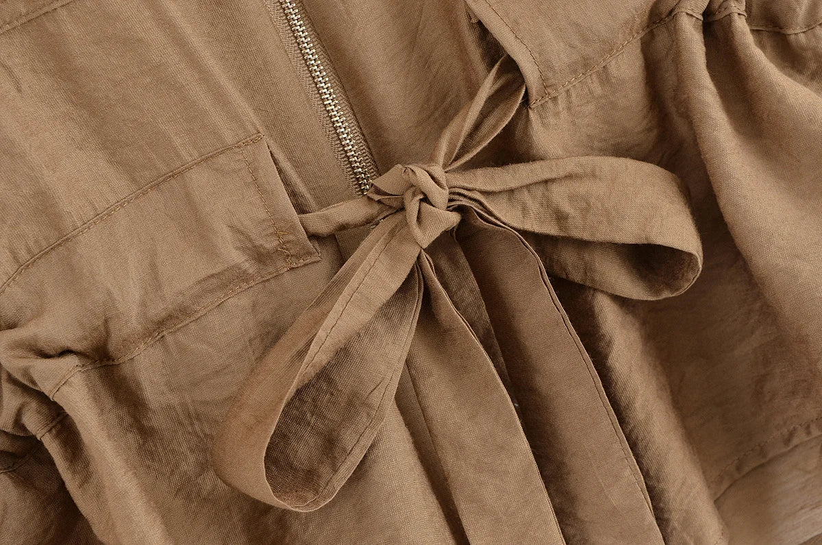 Women Adjustable Drawstring Waist Safari Shirt Short Sleeve Lapel Collar With   Pockets Loose Blouse Streetwear Lady Shirts