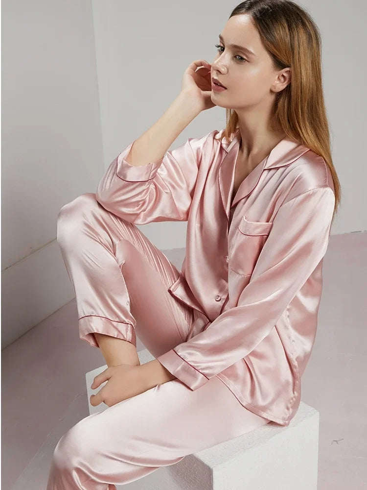 19MM 100% Mulberry Silk Pajamas Women   TrousersTwo-piece Loose   Home Clothes Spring Summer Silk Sleepwear Lady