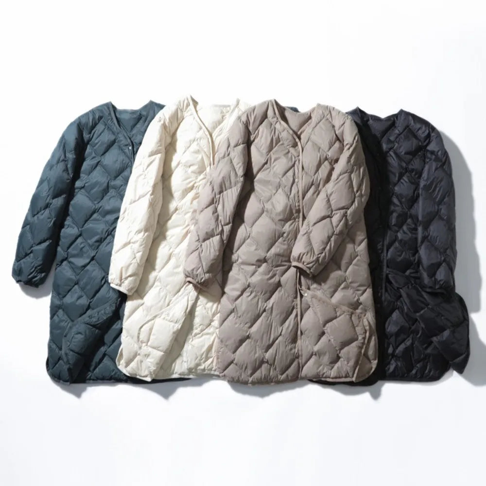 2025 New Warm O-neck Thin Parkas Fashion Outerwear Winter Women Long Ultra Light Puffer Jacket 90% White Duck Down Coat Female