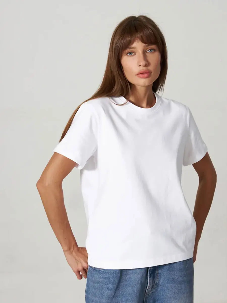 Bornladies Summer 100% Cotton Women's T-shirt Bottoming Basic Fashionable Solid Lady Short Sleeve Loose Tops Shirts 230g/㎡ Tops