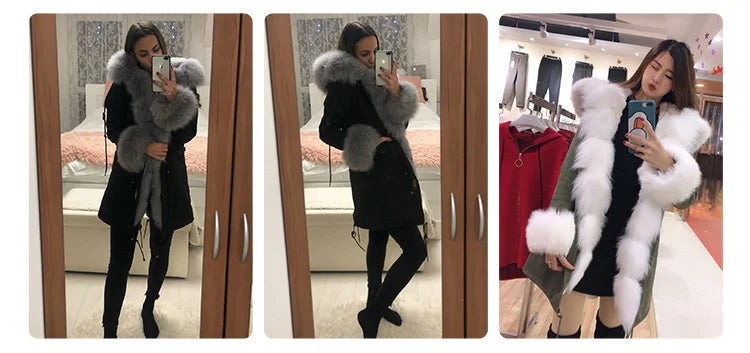 MaoMaoKong Natural Real Fox Fur Jacket Hooded Black Waterproof Woman Winter Warm Coat Parkas Luxury Jacket Female Clothing