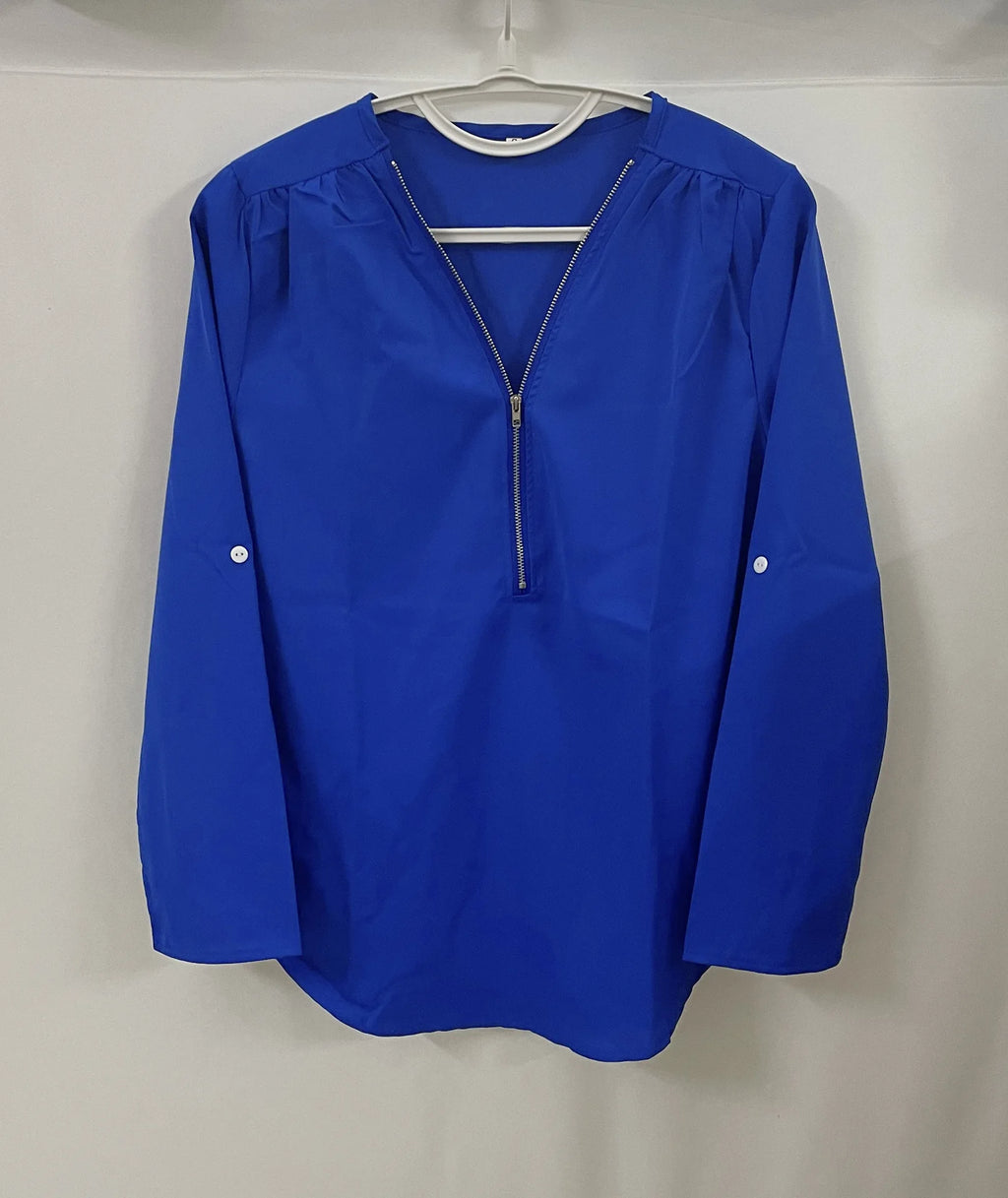 Summer Women Cool Loose Shirt Deep V Neck Chiffon Blouse Casual Ladies Tops Sexy Zipper Pullover Plus Size Long Sleeve Fashion