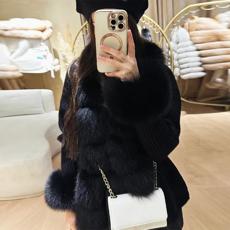 Chic Knitted Faux Fur Patchwork Women's Coat Thicken Warm Lady Coats 2025 Autumn Winter Chic Female Street Outerwears