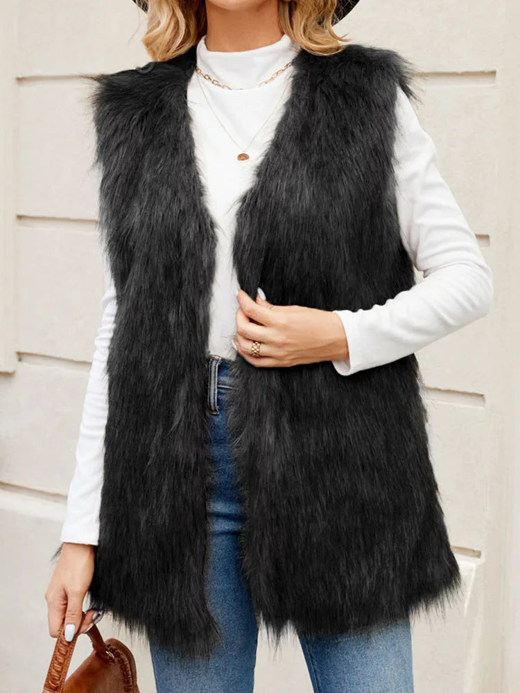VigoCasey 2025 White Sleeveless Thick Faux Fur Vest Coat Woman V Neck Plush Warm Waistcoat Lady Autumn Winter Fluffy Vest Jacket