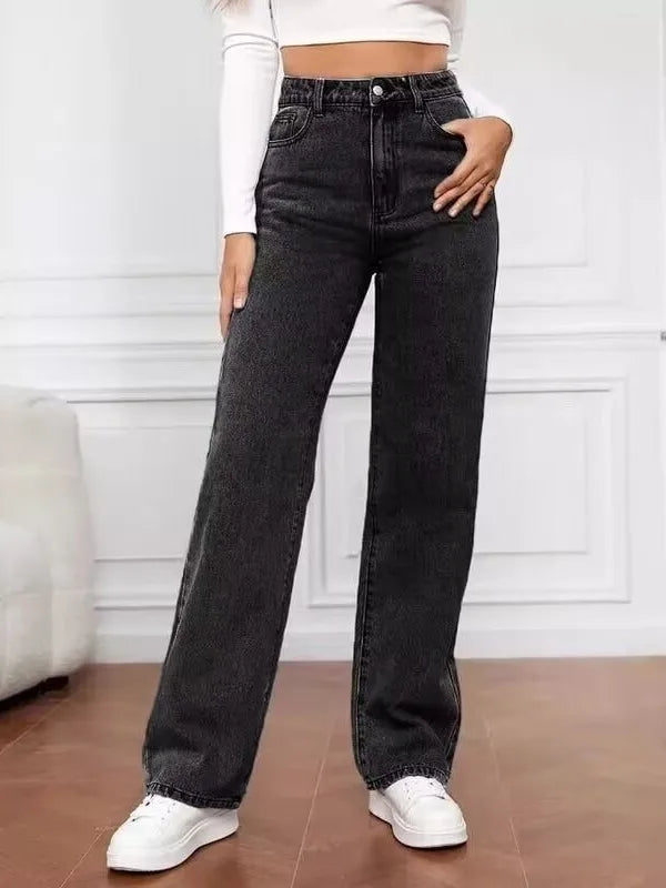 High Waist Loose Fit plus Size Denim Jeans Women's Commuter Straight Leg Pants Casual Sle Polyester Fiber