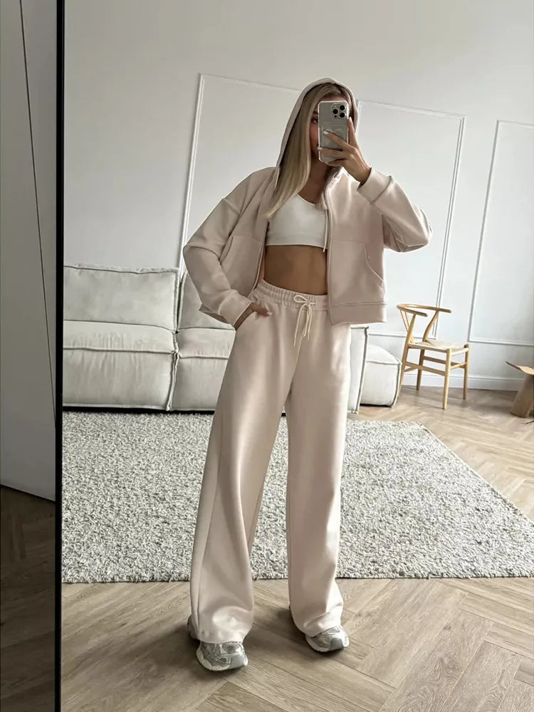 2025 Woman 2 Piece Set Outfit Sports Suit Long-sleeved Zipper Cardigan Hooded Sweatshirt Lace-up Trousers Two-piece Set Trendy