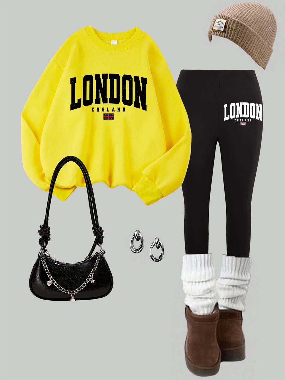 2 Piece Womens London England Flag Printing Sweatshirts Leggings Set Street Fleece Thermal Hoodie Pants Winter Womans Clothes