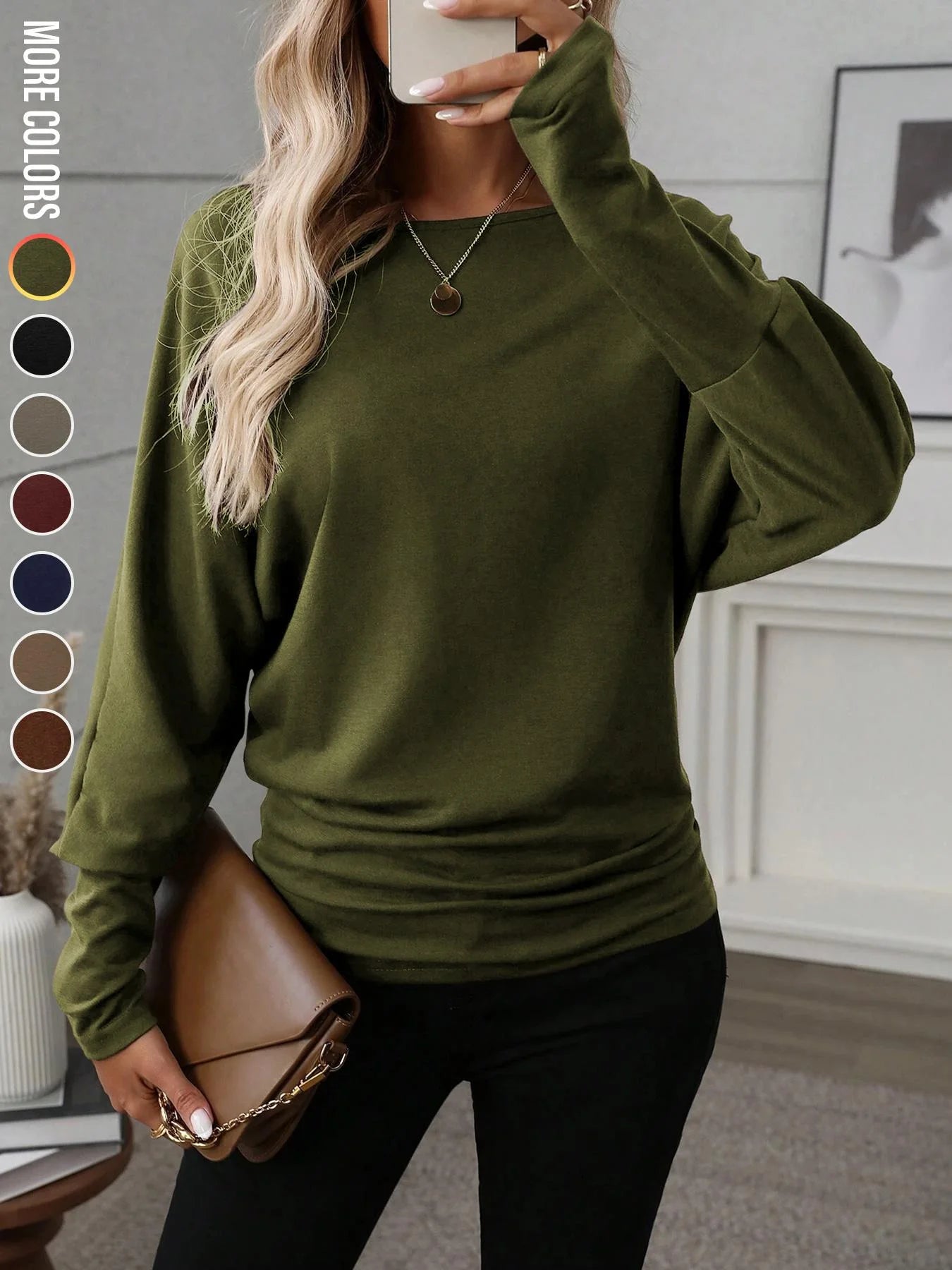 Women's Batwing Sleeve Solid Color T-Shirt, Elastic Long Sleeve Top, Casual Fashion Warm Base Layer, Perfect for Daily Wear & Pa